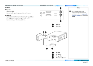 Page 37page 29
Connection Guide
SIGNAL INPUTS AND OUTPUTS
3D Sync
3D Sync in
• Sync input signal.
Connect the 3D sync from your graphics card or server.
3D Sync out
• Sync output signal. This may be affected by the Sync Offset 
and Output Sync Polarity settings in the 3D menu.
Connect this to your IR emitter or ZScreen.
Notes
 For a complete listing of pin 
configurations for all signal and 
control connectors, see  Appendix 
E: Wiring Details in the Reference 
Guide .
2
1
1 Sync In
2 Sync Out
56
43
3 3D input...