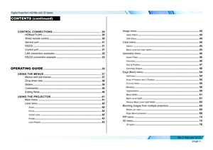 Page 5page iv
CONTROL CONNECTIONS ...........................................................30
HDBaseT/LAN.....................................................................................30
Wired remote control ...........................................................................30
Service port .........................................................................................31
RS232 .................................................................................................31
Control...