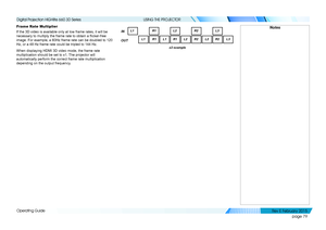 Page 87page 79
Operating Guide
USING THE PROJECTOR
Frame Rate Multiplier
If the 3D video is available only at low frame rates, it will be 
necessary to multiply the frame rate to obtain a flicker-free 
image. For example, a 60Hz frame rate can be doubled to 120 
Hz, or a 48 Hz frame rate could be tripled to 144 Hz.
When displaying HDMI 3D video mode, the frame rate 
multiplication should be set to x1. The projector will 
automatically perform the correct frame rate multiplication 
depending on the output...