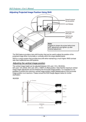 Page 27— 18 — 
Adjusting Projected Image Position Using Shift 
 
The Shift feature provides a lens shift function that can be used to adjust the position of the 
projected image either horizontally or vertically within the range detailed below. 
Shift is a unique system that provides lens shift while maintaining a much higher ANSI contrast 
ratio than traditional lens shift systems. 
Adjusting the vertical image position 
The vertical image height can be adjusted between 55% and -15% ( WUXGA),  
50% and -10%...