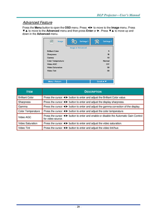 Page 38– 29 – 
Advanced Feature 
Press the Menu button to open the OSD menu. Press ◄► to move to the Image menu. Press 
▼▲ to move to the Advanced menu and then press Enter or ►. Press ▼▲ to move up and 
down in the Advanced menu. 
 
ITEM DESCRIPTION 
Brilliant Color Press the cursor ◄► button to enter and adjust the Brilliant Color valueK 
Sharpness Press the cursor ◄► button to enter and adjust the display sharpnessK 
Gamm~ Press the cursor ◄► button to enter and adjust the gamma correction of the displayK...