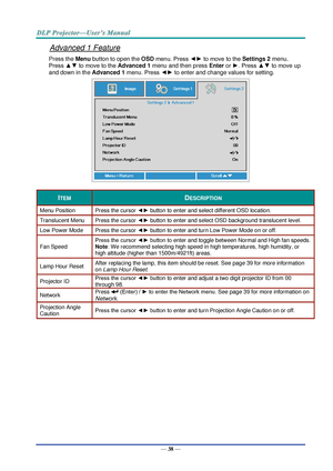 Page 47— 38 — 
Advanced 1 Feature 
Press the Menu button to open the OSD menu. Press ◄► to move to the Settings 2 menu. 
Press ▲▼ to move to the Advanced 1 menu and then press Enter or ►. Press ▲▼ to move up 
and down in the Advanced 1 menu. Press ◄► to enter and change values for setting. 
 
ITEM DESCRIPTION 
Menu Position Press the cursor ◄► button to enter and select different OSD location. 
Translucent Menu Press the cursor ◄► button to enter and select OSD background translucent level.  
Low Power Mode...