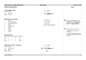 Page 29Digital Projection E-Vision 6500 Series  Wiring Details Connection Guide
23
Control connections
Screen Trigger output
3.5mm mini jack
Tip 12V output
Sleeve Ground
RS232 Serial control input
1 unused
2 Received Data (RX)
3 Transmitted Data (TX)
4 unused
5 Signal Ground
6 unused
7 unused
8 unused
9 unused
Null-modem cable
(used to connect the projector to a computer)
RX 2 ---  3 TX
TX 3 ---  2 RX
GND 5 --- 5 GND
Wired remote control  connection
3.5mm mini jack
Tip Not connected
Ring Signal
Sleeve Ground...