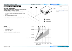 Page 105page 97
Reference Guide
APPENDIX B: LENS CHARTS
Appendix B: Lens Char ts
How to use the lens charts
The lens charts on the following pages provide a quick guide to the 
type of lens needed for a particular projector.
To use the lens charts, you need the following information:
• The distance between the projector and the screen (throw 
distance)
• The maximum width of your screen
In the chart, find the point where the throw distance corresponds to 
the screen width, as shown in the example below.
Example...