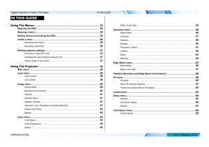 Page 42Operating Guide
IN THIS GUIDE
IN THIS GUIDE
Using The Menus ........................................................................\
.......................35
Opening the OSD ......................................................................................................35
Opening a menu ........................................................................................................35
Exiting menus and closing the OSD...