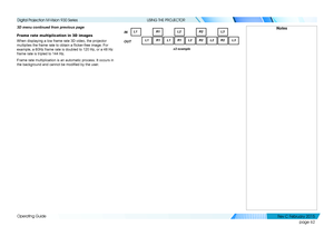 Page 70page 62
Operating Guide
USING THE PROJECTOR
3D menu continued from previous page
Frame rate multiplication in 3D images
When displaying a low frame rate 3D video, the projector 
multiplies the frame rate to obtain a flicker-free image. For 
example, a 60Hz frame rate is doubled to 120 Hz, or a 48 Hz 
frame rate is tripled to 144 Hz.
Frame rate multiplication is an automatic process. It occurs in 
the background and cannot be modified by the user.
NotesL1R1L2
R2
L1
L1
R1R2
L2 L3
R2
R1
L3
L2IN
OUT
x2...