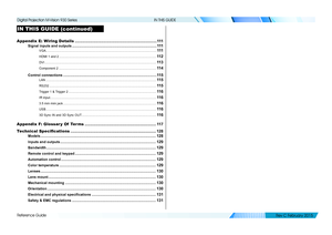 Page 79Reference Guide
IN THIS GUIDE
Appendix E: Wiring Details ........................................................................\
...111
Signal inputs and outputs ......................................................................................111
VGA .....................................................................................................\
..........................111
HDMI 1 and 2 .....................................................................................................\...