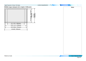 Page 90page 82
Reference Guide
SCREEN REQUIREMENTS
WUXGA images displayed with a height of  1080 pixelsNotes
4:3 = 1.33:1 = 1440 pixels
full height 
= 1200 pixels
1.66:1 (Vista) = 1792 pixels 16:10 = 1.6:1 = 1728 pixels
max possible  image height 
 
= 1080 pixels
full width = 1920 pixels
   
Digital Projection M-Vision 930 Series 
Rev C Februar y 2015  