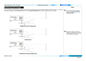 Page 95page 87
Reference Guide
POSITIONING THE IMAGE
Positioning The Image
The normal position for the projector is at the centre of the screen. Ho\
wever, you can set the projector above or below the centre, or to one side, 
and adjust the image using the Lens shift feature (known as rising and falling front) to maintain a geometrically correct image.
Notes
 For more information on shifting 
the lens, see Lens control  in the 
Operating Guide .
 Whenever possible, position the 
projector so that the lens is...