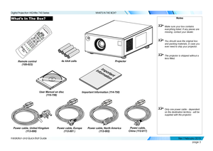 Page 11page 3
Installation and Quick-Start Guide
WHAT’S IN THE BOX?
What’s In The Box?Notes
 Make sure your box contains 
everything listed. If any pieces are 
missing, contact your dealer.
 You should save the original box 
and packing materials, in case you 
ever need to ship your projector.
 The projector is shipped without a 
lens fitted.
 Only one power cable - dependent 
on the destination territory - will be 
supplied with the projector.
Remote control 
(105-023)
4x AAA cells
Power cable, United Ki ngdom...