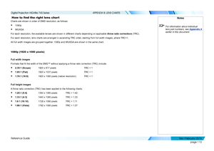 Page 119page 110
Reference Guide
APPENDIX B: LENS CHARTS
 How to find the right lens chart
Charts are shown in order of DMD resolution, as follows:
• 1080p
• WUXGA
For each resolution, the available lenses are shown in different charts depending on applicable throw ratio corrections (TRC).
For each resolution, lens charts are arranged in ascending TRC order, starting from full width images, where TRC=1.
All full width images are grouped together. 1080p and WUXGA are shown in the same chart.
1080p (1920 x 1080...