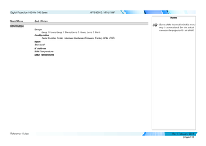 Page 137page 128
Reference Guide
APPENDIX D: MENU MAP
Main Menu Sub Menus 
Information
Lamps
Lamp 1 Hours, Lamp 1 Starts, Lamp 2 Hours, Lamp 2 Starts
Configuration
Serial Number, Scaler, Interface, Hardware, Firmware, Factory ROM, OSD
Input
Standard
IP Address
Inlet Temperature
DMD Temperature
Notes
 Some of the information in this menu 
map is summarised. See the actual 
menu on the projector for full detail.
   
Digital Projection HIGHlite 740 Series 
Rev I Februar y 2015  