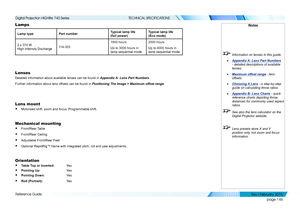 Page 155page 146
Reference Guide
TECHNICAL SPECIFICATIONS
Lamps
Lamp typePart numberTypical lamp life 
(full power)
Typical lamp life 
(Eco mode)
2 x 370 W 
High Intensity Discharge114-303
1500 hours
Up to 3000 hours in 
lamp sequential mode
2000 hours
Up to 4000 hours in 
lamp sequential mode
Lenses
Detailed information about available lenses can be found in Appendix A: Lens Part Numbers.
Further information about lens offsets can be found in Positioning The Image > Maximum offset range.
Lens mount
• Motorised...