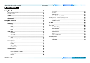 Page 37Operating Guide
IN THIS GUIDE
IN THIS GUIDE
Using The Menus ........................................................................\
.......................29
Menus and sub-menus .............................................................................................29
Drop-down lists .........................................................................................................30
Sliders...