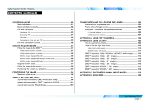 Page 6page v
CHOOSING A LENS .....................................................................80
Basic calculation .................................................................................81
Basic calculation example ...................................................................82
Full lens calculation  .............................................................................83
Introducing TRC ..................................................................................83
Calculating...