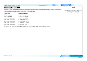 Page 89page 80
Reference Guide
CHOOSING A LENS
Choosing A Lens
A number of lenses are available. Which lens you choose depends on the sc\
reen size, image aspect ratio, throw distance and light output.
The following table shows all available lenses in order of their throw ratios:
Throw ratiosThrow distance range
0.77 : 1 fixed lens1.3 - 2.5 m (4.3 - 8.2 ft)
1.16 : 1 fixed lens1.4 - 6.2 m (4.6 - 20.3 ft)
1.45 - 1.74 : 1 zoom lens1.8 - 9.3 m (5.9 - 30.5 ft)
1.74 - 2.17 : 1 zoom lens2.2 - 11.8 m (7.2 - 38.7 ft)...