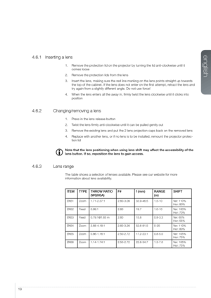 Page 1919
4.6.1 Inserting a lens
1. Remove the protection lid on the projector by turning the lid anti-clockwise until it   
comes loose
2.
 
Remove the pr
 otection lids from the lens
3.
 
Insert the lens, making sur
 e the red line marking on the lens points straight up towards 
the top of the cabinet. If the lens does not enter on the first attemp\
t, retract the lens and 
try again from a slightly different angle. Do not use force! 
4.
 
When the lens enters all the away in, firmly twist the lens clockwise...