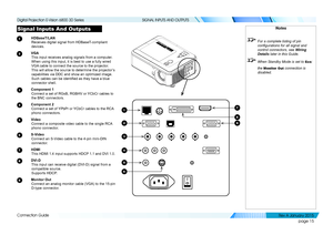 Page 21page 15
Connection Guide
SIGNAL INPUTS AND OUTPUTS
Signal Inputs And Outputs
1 HDBaseT/LAN
Receives digital signal from HDBaseT-compliant 
devices.
2 VGA
This input receives analog signals from a computer.
When using this input, it is best to use a fully wired 
VGA cable to connect the source to the projector. 
This will allow the source to determine the projector’s 
capabilities via DDC and show an optimized image. 
Such cables can be identified as they have a blue 
connector shell.
3 Component 1...