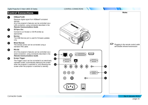 Page 26page 20
Connection Guide
CONTROL CONNECTIONS
Control Connections
1 HDBaseT/LAN
Receives digital signal from HDBaseT-compliant 
devices.
All of the projector’s features can be controlled via a 
LAN connection, using commands described in the 
Remote Communications Guide.
2 3D Sync Out
Connect to a Z Screen or 3D IR emitter as 
appropriate.
3 Service
The USB Service port is used for firmware updates 
only.
4 Wired Remote
The remote control can be connected using a 
standard TRS cable.
5 RS-232
All of the...