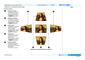 Page 41page 35
Operating Guide
USING THE PROJECTOR
Geometry menu continued from previous page
Keystone settings
1 Projector to the left
The projector is positioned 
to the left of the screen.
To correct, apply a positive 
H Keystone value using 
the RIGHT arrow button.
2 Projector to the right
The projector is positioned 
to the right of the screen.
To correct, apply a negative 
H Keystone value using 
the LEFT arrow button.
3 Projector high
The projector is positioned 
above the screen at a 
downward angle.
To...