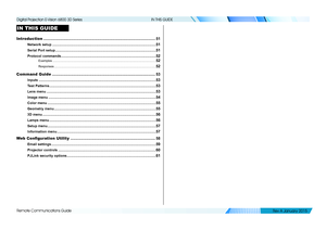 Page 56Remote Communications Guide
IN THIS GUIDE
IN THIS GUIDE
Introduction ........................................................................\
................................51
Network setup ...........................................................................................................51
Serial Port setup ........................................................................................................51
Protocol commands...