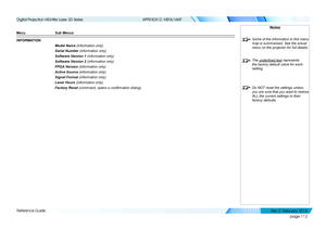 Page 120page 112
Reference Guide
APPENDIX D: MENU MAP
Menu Sub Menus 
INFORMATION
Model Name (information only)
Serial Number (information only)
Software Version 1 (information only)
Software Version 2 (information only)
FPGA Version (information only)
Active Source (information only)
Signal Format (information only)
Laser Hours (information only)
Factory Reset (command, opens a confirmation dialog)
Notes
 Some of the information in this menu 
map is summarised. See the actual 
menu on the projector for full...