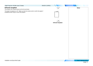 Page 18page 10
Installation and Quick-Start Guide
REMOTE CONTROL
Infrared reception
The projector has infrared sensors at the front and back.
The angle of acceptance is 40°. Make sure that the remote control is \
within the angle of 
acceptance when trying to control the projector.
40°
40°
Infrared reception
Notes
   
Digital Projection HIGHlite Laser 3D Series 
Rev C Februar y 2015  