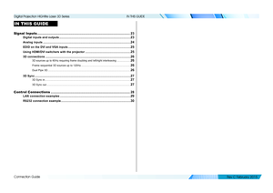 Page 30Connection Guide
IN THIS GUIDE
IN THIS GUIDE
Signal Inputs ........................................................................\
...............................23
Digital inputs and outputs ........................................................................................23
Analog inputs ............................................................................................................24
EDID on the DVI and VGA inputs...