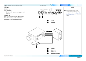 Page 35page 27
Connection Guide
SIGNAL INPUTS
3D Sync
3D Sync in
Sync input signal.
• Connect the 3D sync from your graphics card 
or server.
3D Sync out
Sync output signal. This may be affected by the 
Sync Offset setting in the 3D Control menu.
Connect this to your IR emitter or ZScreen.
Notes
 For a complete listing of pin 
configurations for all signal and 
control connectors, see  Appendix 
E: Wiring Details in the Reference 
Guide .
5
6
43
3 3D input
4 3D Sync In
5 3D Sync Out
6 IR emitter or ZScreen
1...