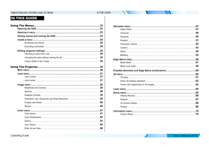 Page 40Operating Guide
IN THIS GUIDE
IN THIS GUIDE
Using The Menus ........................................................................\
.......................33
Opening the OSD ......................................................................................................33
Opening a menu ........................................................................................................33
Exiting menus and closing the OSD...