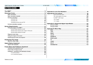 Page 80Reference Guide
IN THIS GUIDE
IN THIS GUIDE
The DMD™ ........................................................................\
...................................74
Choosing A Lens ........................................................................\
........................76
Basic calculation .......................................................................................................77
Basic calculation example...