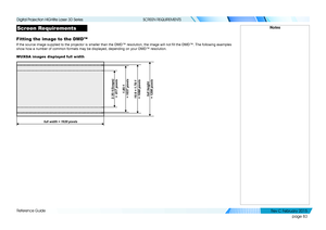 Page 91page 83
Reference Guide
SCREEN REQUIREMENTS
Screen Requirements
Fitting the image to the DMD™
If the source image supplied to the projector is smaller than the DMD™ resolution, the image will not fill the DMD™. The following examples 
show how a number of common formats may be displayed, depending on your \
DMD™ resolution.
WUXGA images displayed full width
Notes
full width = 1920 pixels
2.35:1(Scope) 
 =  817 pixels
1.85:1 
 = 1037 pixels
16:9 = 1.78:1  
= 1080 pixelsfull height  
= 1200 pixels...