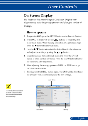 Page 4437... English
User Controls
The Projector has a multilingual On Screen Display that 
allows you to make image adjustments and change a variety of 
settings.
How to operate 
1. To open the OSD, press the MENU button on the Remote Control.
2.  When OSD is displayed, use the     buttons to select any item 
in the main menu. While making a selection on a particular page, 
press the 
 button to enter sub menu.
3.  Use the     buttons to select the desired item in the sub menu 
and adjust the settings by using...