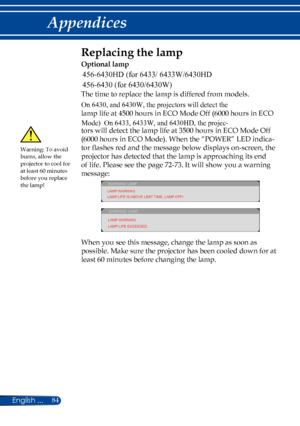 Page 9184
English ...
Appendices
Replacing the lamp 
Optional lamp
The time to replace the lamp is differed from models.
lamp life at 4500 hours in ECO Mode Off (6000 hours in ECO 
tors will detect the lamp life at 3500 hours in ECO Mode Off 
(6000 hours in ECO Mode). When the “POWER” LED indica -
tor flashes red and the message below displays on-screen, the 
projector has detected that the lamp is approaching its end 
of life. Please see the page 72-73. It will show you a warning 
message: 
WARNING! LAMP
LAMP...