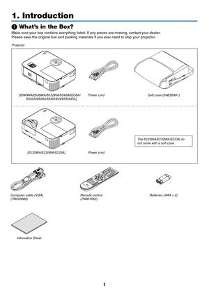 Page 121
Projector
[6540WA/6536WA/6532WA/6540A/6536A/6532A/6528A/6540HDA/6532HDA]Power cordSoft case (24BS8391)
The 6235WA/6230WA/6233A do 
not come with a soft case.
[6235WA/6230WA/6233A]Power cord
Computer cable (VGA)(7N520089)Remote control
(7N901052)Batteries (AAA × 2)
Infomation Sheet	
1. Introduction
❶ What’s in the Box?
Make	sure	your	box	contains	everything	listed.
	If	any	pieces	are	missing,	contact	your	dealer.
Please	save	the	original	box	and	packing	materials	if	you	ever	need	to	ship	your	projector. 