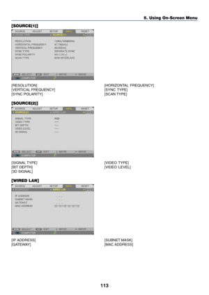 Page 124113
5. Using On-Screen Menu
[SOURCE(1)]
[RESOLUTION]	[HORIZONTAL	FREQUENCY]	
[VERTICAL	FREQUENCY]	 [SYNC	TYPE]	
[SYNC	POLARITY]	 [SCAN	TYPE]
[SOURCE(2)]
[SIGNAL	 TYPE]	 [VIDEO	TYPE]	
[BIT	DEPTH]	 [VIDEO	LEVEL]	
[3D	SIGNAL]
[WIRED LAN]
[IP	ADDRESS]	 [SUBNET	MASK]	
[GATEWAY]	 [MAC	ADDRESS] 