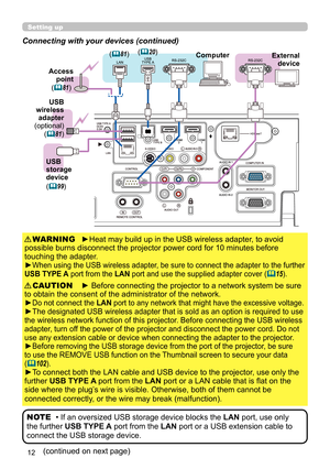 Page 1212
Setting up
Connecting with your devices (continued)(continued on next page)
• If an oversized USB storage device blocks the  LAN port, use only 
the further USB TYPE A port from the LAN port or a USB extension cable to 
connect the USB storage device. NOTE
► Before connecting the projector to a network system be sure 
to obtain the consent of the administrator of the network.
►
Do not connect the LAN port to any network that might have the excessive voltage.
►The designated USB wireless adapter that...