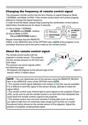 Page 1919
Remote control
About the remote control signal
The remote control works with the 
projector’s remote sensor. This projector 
has two remote sensors on the front and 
back sides.
The sensors can sense signals within 
the following range:60 degrees (30 degrees to the left and right of the 
sensor) within 3 meters about.
• You can deactivate one of the sensors using the REMOTE RECEIV. 
item in the SERVICE menu of the OPTION menu (
75).
• The remote control signal reflected in the screen or the like may...