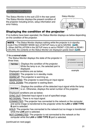 Page 2121
  In a normal state  
The Status Monitor displays the state of the projector in 
three lines.
: 
 Displays the condition of the projector. 
While the lamp is on, the selected port is 
displayed.
Displayed conditions are as below;
STANDBY: The projector is in standby mode.
WARM UP: The projector is warming up.
SEARCHING: 

The projector is searching an input signal.
COOL DOWN: 
 The projector is cooling down.
: 
 Displays the condition of the detected input signal while the lamp 
is on. Otherwise,...