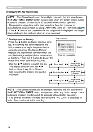 Page 2424
AC240V35°C
7FILTERERRO
1PREVIOUS
  To display error history 
Press the ▲ button to display previous error 
log. If a warning has been displayed, the 
first previous error log is the present error 
currently occurring. The Status Monitor 
displays the log number, occurred error, the 
supplied voltage and peripheral temperature 
at that time. Press the ► button to display the 
usage time when each error occurred. 
Use the ▲/▼ buttons to switch the log. 
The display switches with the ◄/► 
buttons at...