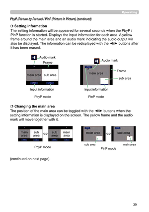 Page 3939
Operating
PbyP (Picture by Picture) / PinP (Picture in Picture) (continued)
The position of the main area can be toggled with the ◄/► buttons when the 
setting information is displayed on the screen. The yellow frame and the audio 
mark will move together with it.  
 Changing the main area
main area sub 
areamain  area
sub 
area
The setting information will be appeared for several seconds when the PbyP  / 
PinP function is started. Displays the input information for each area. A yellow 
frame around...