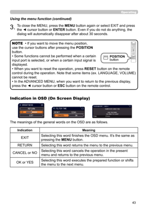 Page 4343
Operating
Using the menu function (continued)
3.To close the MENU, press the MENU button again or select EXIT and press 
the ◄ cursor button or ENTER button. Even if you do not do anything, the 
dialog will automatically disappear after about 30 seconds.
Indication in OSD (On Screen Display)
The meanings of the general words on the OSD are as follows.
IndicationMeaning
EXITSelecting this word finishes the OSD menu. It's the same as 
pressing the 
MENU button.
RETURN Selecting this word returns the...