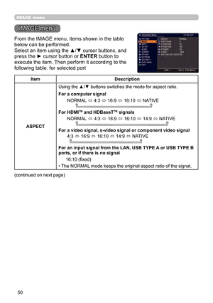 Page 5050
IMAGE menu
IMAGE menu
From the IMAGE menu, items shown in the table 
below can be performed.
Select an item using the ▲/▼ cursor buttons, and 
press the ► cursor button or ENTER button to 
execute the item. Then perform it according to the 
following table. for selected port
   
ItemDescription
ASPECT Using the ▲/▼ buttons switches the mode for aspect ratio. 
For a computer signal
 NORMAL 
ó 4:3 
ó 16:9 
ó 16:10 
ó NATIVE        
For HDMI
TM and HDBaseTTM signals
 NORMAL  ó 4:3 
ó 16:9 
ó 16:10 
ó...