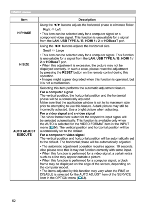 Page 5252
IMAGE menu
ItemDescription
H PHASE
Using the ◄/► buttons adjusts the horizontal phase to eliminate flicker.
Right  ó Left
• This item can be selected only for a computer signal or a 
component video signal. This function is unavailable for a signal 
from the LAN, USB TYPE A / B,  HDMI 1 / 2 or HDBaseT port.
H SIZE Using the ◄/► buttons adjusts the horizontal size.
Small  ó Large
• This item can be selected only for a computer signal. This function 
is unavailable for a signal from the  LAN, USB TYPE A...
