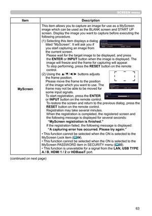 Page 6363
SCREEN menu
ItemDescription
MyScreen This item allows you to capture an image for use as a MyScreen 
image which can be used as the BLANK screen and START UP 
screen. Display the image you want to capture before executing the 
following procedure.
(1) 
 Selecting this item displays a dialog 
titled “MyScreen”. It will ask you if 
you start capturing an image from 
the current screen. Please wait for the target image to be displayed, and press 
the ENTER or INPUT button when the image is displayed. The...