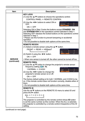 Page 7575
OPTION menu
ItemDescription
SERVICE
(continued) KEY LOCK
(1)
  Use the ▲/▼ buttons to choose the operations control.
CONTROL PANEL  ó REMOTE CONTROL
(2)
  Use the ◄/► buttons to select ON or 
OFF. ON  ó OFF
Selecting ON in Step 2 locks the buttons except  STANDBY, ON 
and ST

ANDBY/ON on the operations control selected in Step 1. 
Selecting OFF releases the locked buttons on the operations control 
selected in Step 1.
• Please use this function to prevent tampering or accidental 
operation. 
•...