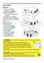 Page 44
Introduction
Part names
Projector
(1) Lamp cover (
11 3)
The lamp unit is inside.
(2) Speakers (x2) (
26, 60)
(3) Filter cover (
11 5 )
The air fi lter and intake vent
are inside.
(4) Elevator feet (x2) (
29)
(5) Elevator buttons (x2) (
29)
(6) Remote sensors (x2) (
19, 75)
(7) Lens
(8) Lens cover
(9) Indicators (
5)
(10) Intake vents
(11) Control panel (
5)
(12)  Status Monitor (
21)
(13) AC (AC inlet) (
17)
(14) Exhaust vents
(15) Ports (
5)
(16) Security bar (
16)
(17) Security slot (...