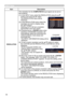 Page 5656
INPUT menu
ItemDescription
RESOLUTION The resolution for the COMPUTER IN input signal can be set on 
this projector.
(1) 
 In the INPUT menu select the RESOLUTION using the ▲/▼ 
buttons and press the ► button. 
The RESOLUTION menu will be  
displayed.
(2) 
 In the RESOLUTION menu select the 
resolution you wish to display using 
the ▲/▼ buttons.  
Selecting AUTO will set a resolution 
appropriate to the input signal.
(3) 
 Pressing the ► or ENTER button when 
selecting a STANDARD resolution will...