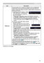 Page 6363
SCREEN menu
ItemDescription
MyScreen This item allows you to capture an image for use as a MyScreen 
image which can be used as the BLANK screen and START UP 
screen. Display the image you want to capture before executing the 
following procedure.
(1) 
 Selecting this item displays a dialog 
titled “MyScreen”. It will ask you if 
you start capturing an image from 
the current screen. Please wait for the target image to be displayed, and press 
the ENTER or INPUT button when the image is displayed. The...