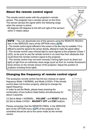 Page 2121
Changing the frequency of  remote control signal
The accessory remote control has the two choices on signal 
frequency Mode 1:NORMAL and Mode 2:HIGH. If the remote 
control does not function properly, attempt to change the 
signal frequency.
In order to set the Mode, please keep pressing the 
combination of two buttons listed below simultaneously for 
about 3 seconds.
(1) Set to Mode 1:NORMAL... VOLUME - and RESET buttons (2) Set to Mode 2:HIGH...  MAGNIFY OFF and ESC buttons
Please remember that the...